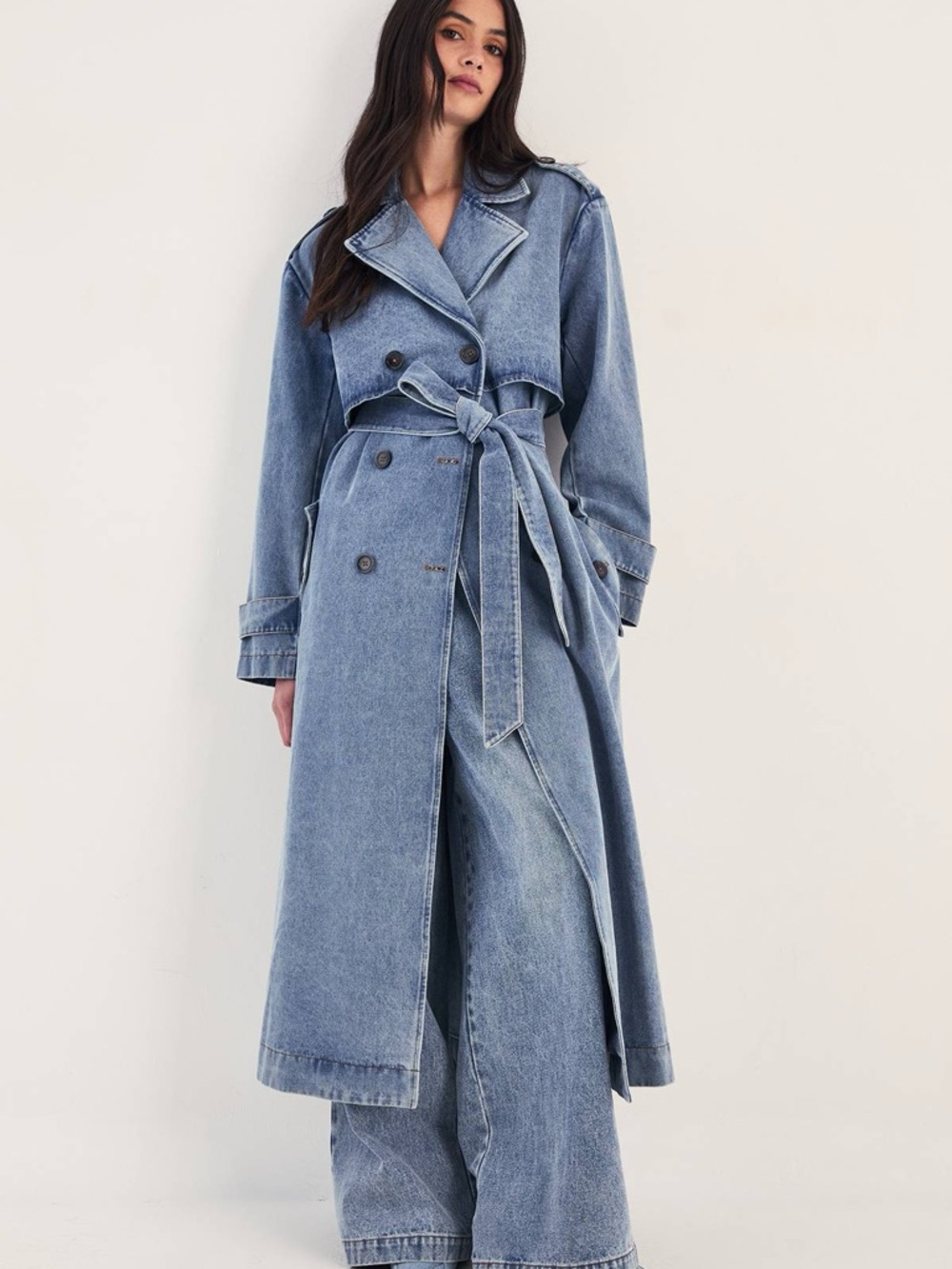 Nasty Gal Double-Breasted Denim Trench Coat - Light Blue